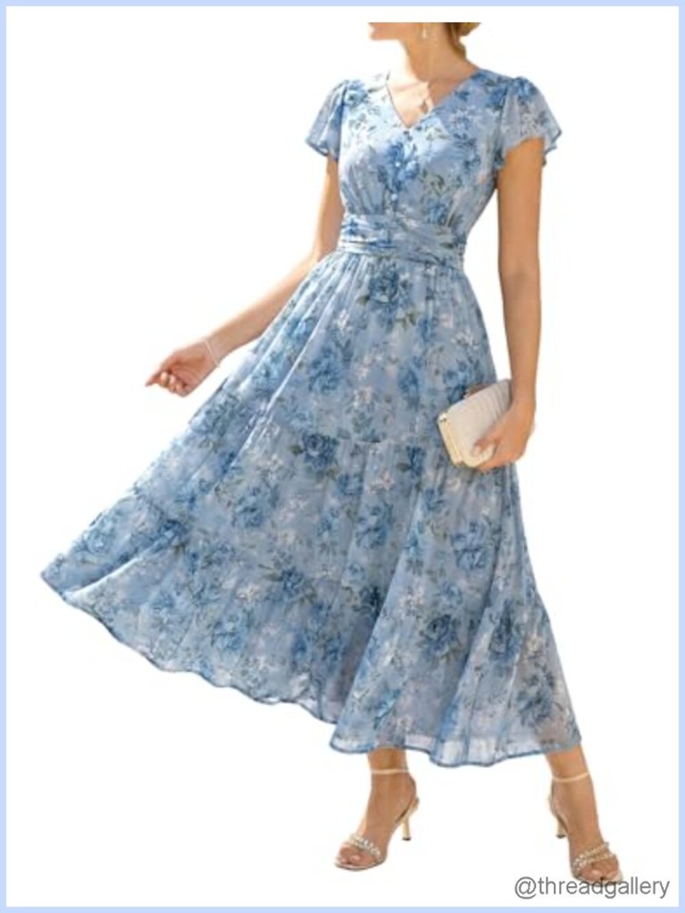 Women's Maxi Floral Dress V-Neck Ruffle Sleeve Wedding Guest Fit Flare